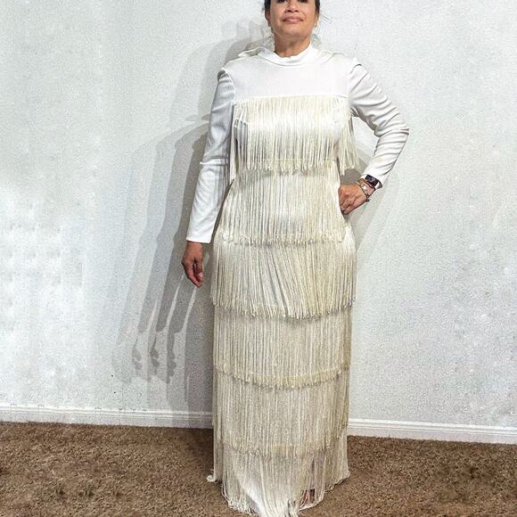 White Vintage Fringe Long Sleeve Maxi Dress Sz M - Picture 1 of 13